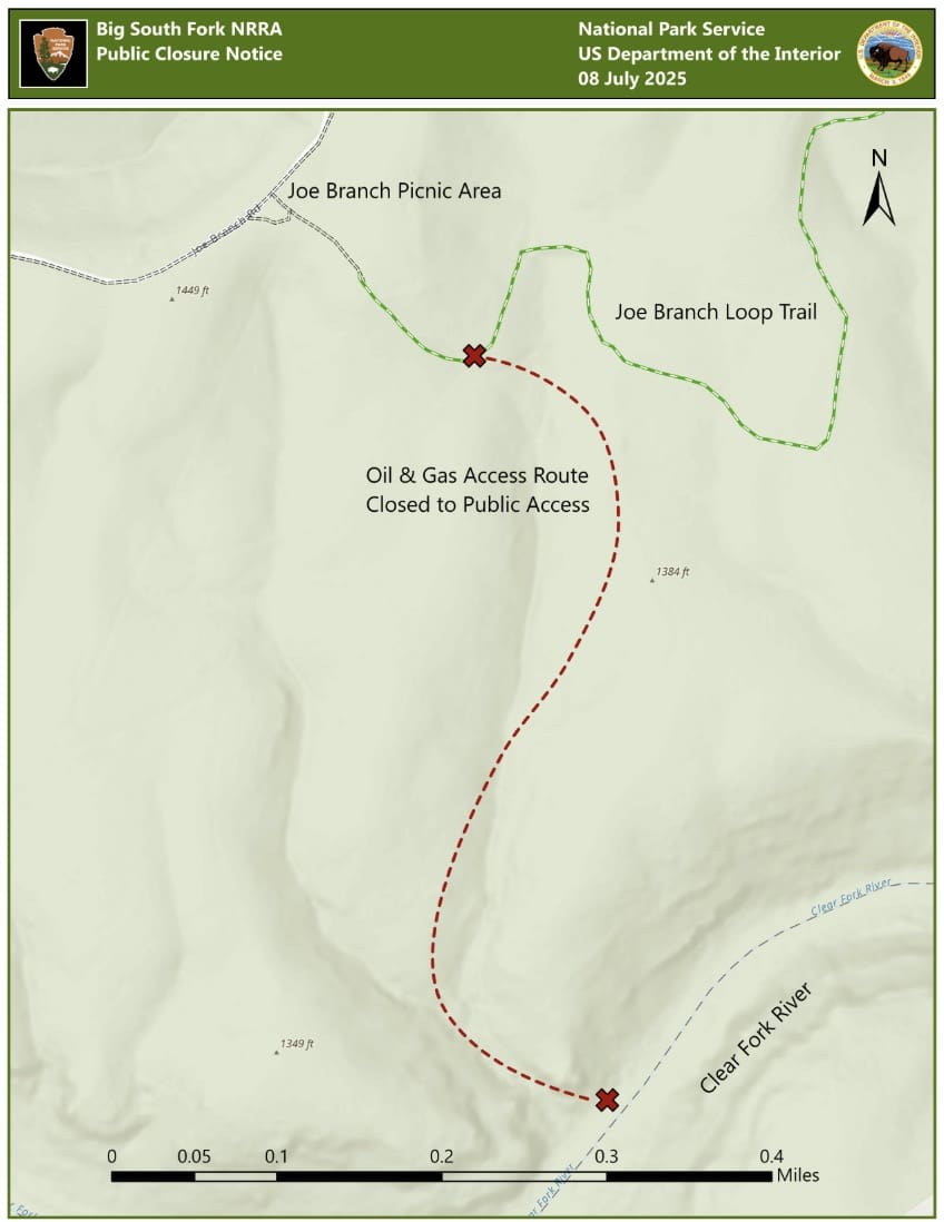 Closure in Big South Fork National River & Recreation Area.